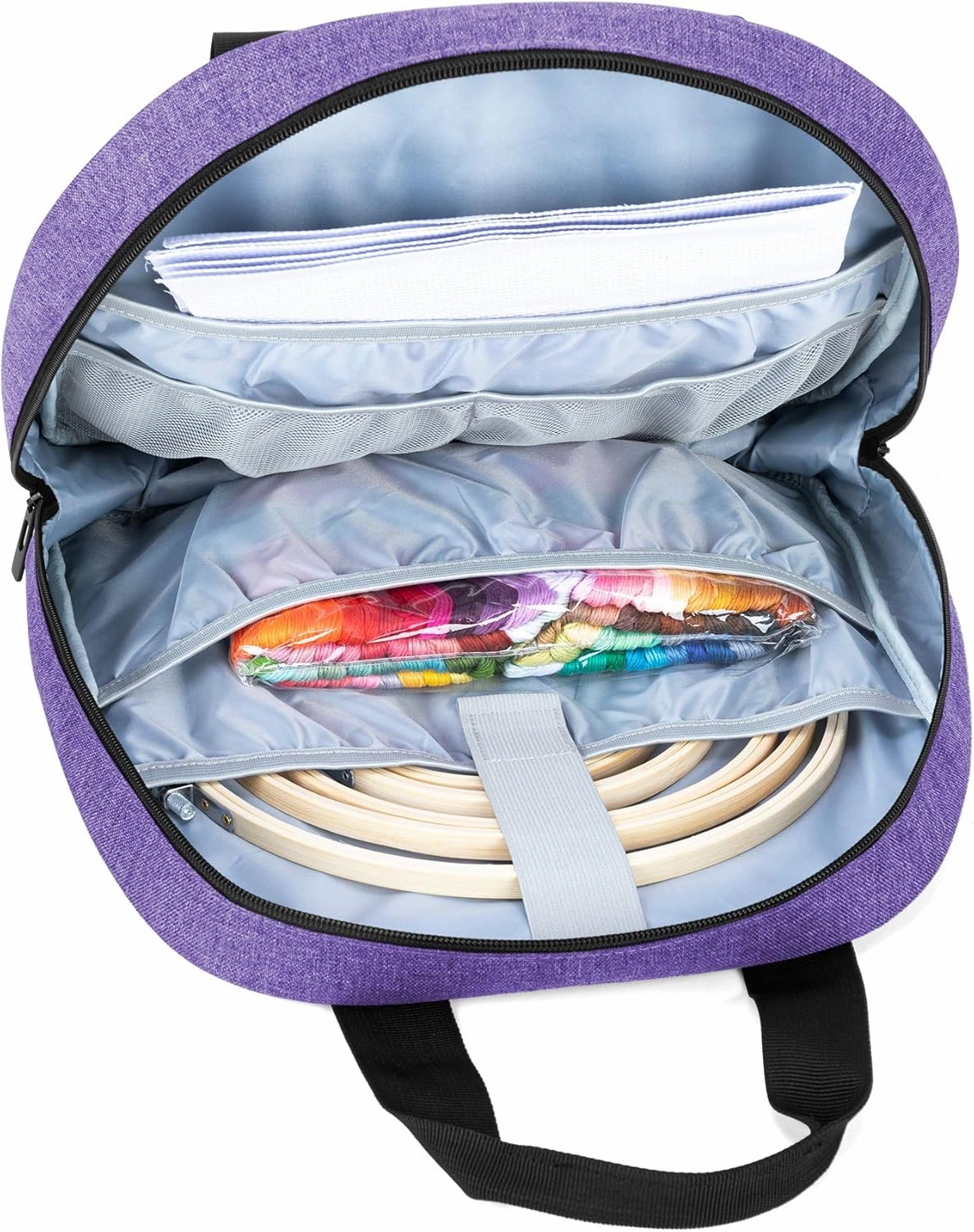CURMIO Embroidery Bag, Portable Embroidery Project Storage for Embroidery Hoops, Floss, and Cross Stitch Supplies, BAG ONLY, Purple (Patented Design)