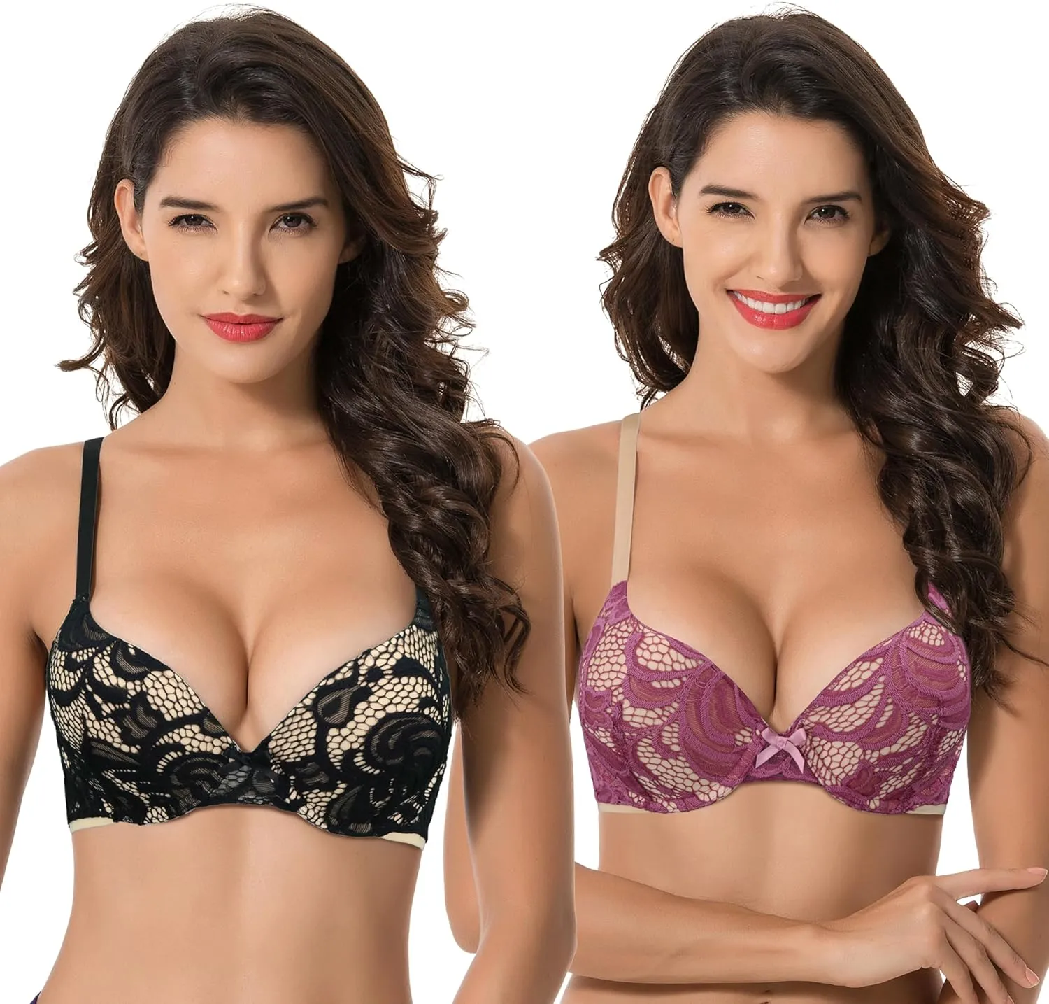 Curve Muse Women's Plus Size Perfect Shape Add 1 Cup Push Up Underwire Lace Bras