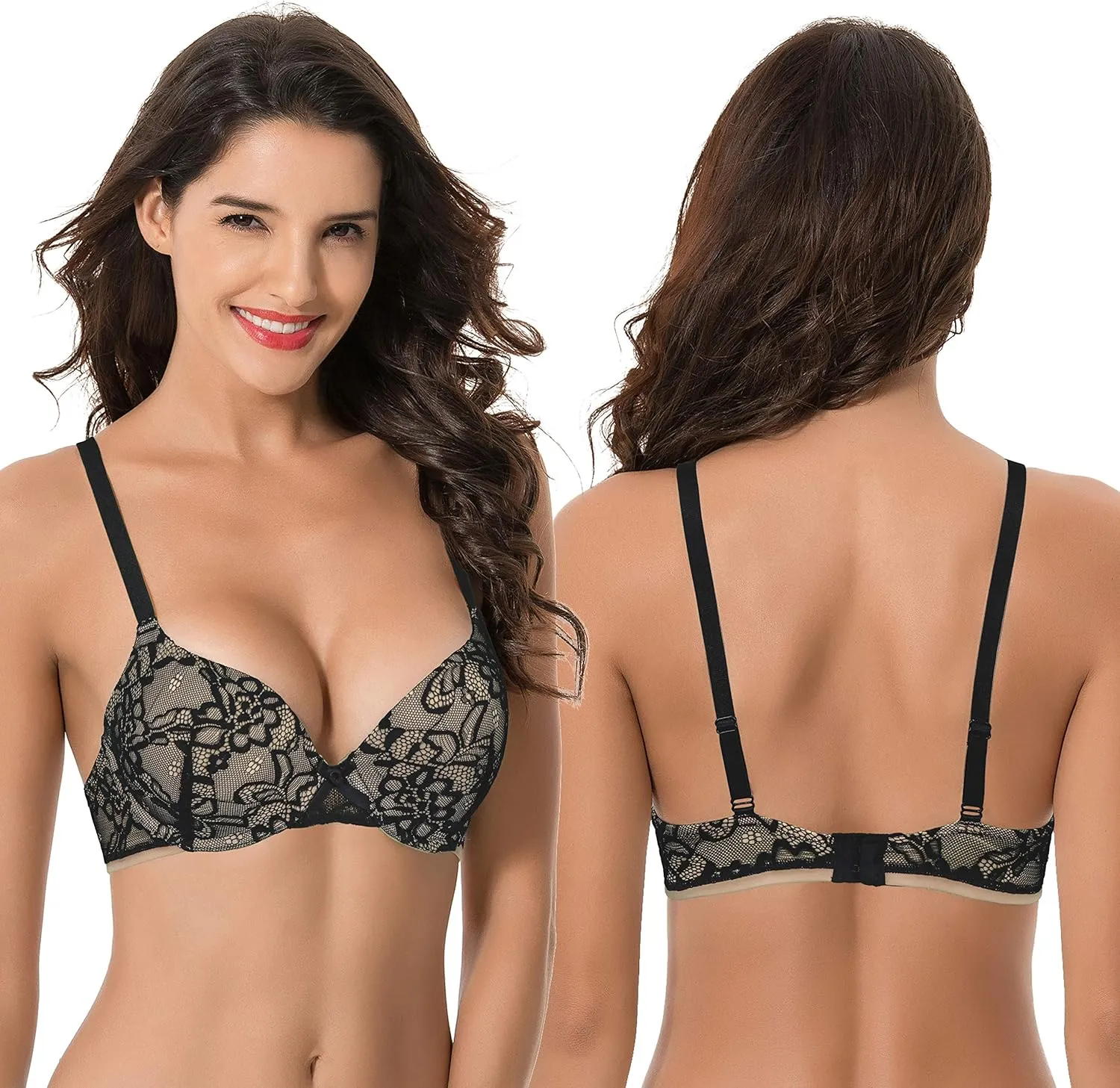 Curve Muse Women's Plus Size Perfect Shape Add 1 Cup Push Up Underwire Lace Bras
