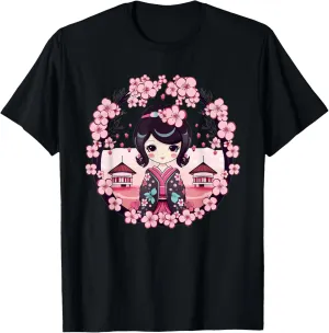 Cute Kokeshi Doll With Cherry Blossoms I Kokeshi T-Shirt