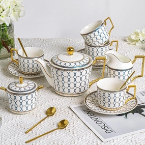 CwlwGO- Bone China Tea Cup Sets,15-Pieces Tea Cup and Saucer Set Service For 4 Whit 28 Ounces Teapot,Sugar Bowl,Creamer Pitcher and Spoons, Tea Gifts Sets For Women Patry.