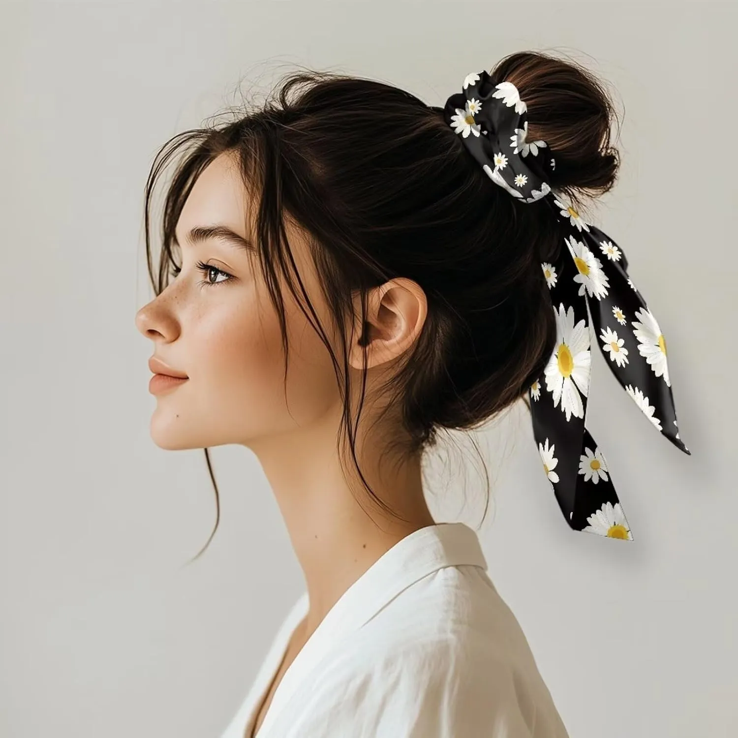 Daisy Hair Scrunchies for Women Satin Hair Tie with Bows Elastic Hair Ribbon Set of 2 Bow Hair Ties for Party Cosplay Diy Hair Scarf Casual Silk Hair Ties Hair Accessories