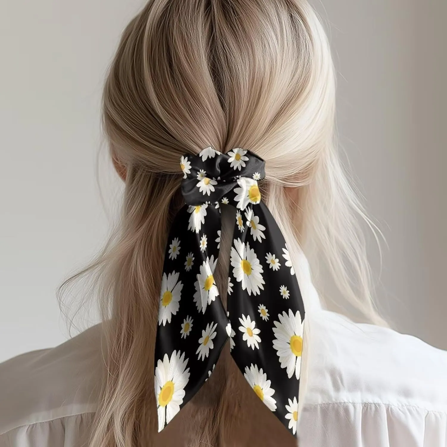 Daisy Hair Scrunchies for Women Satin Hair Tie with Bows Elastic Hair Ribbon Set of 2 Bow Hair Ties for Party Cosplay Diy Hair Scarf Casual Silk Hair Ties Hair Accessories