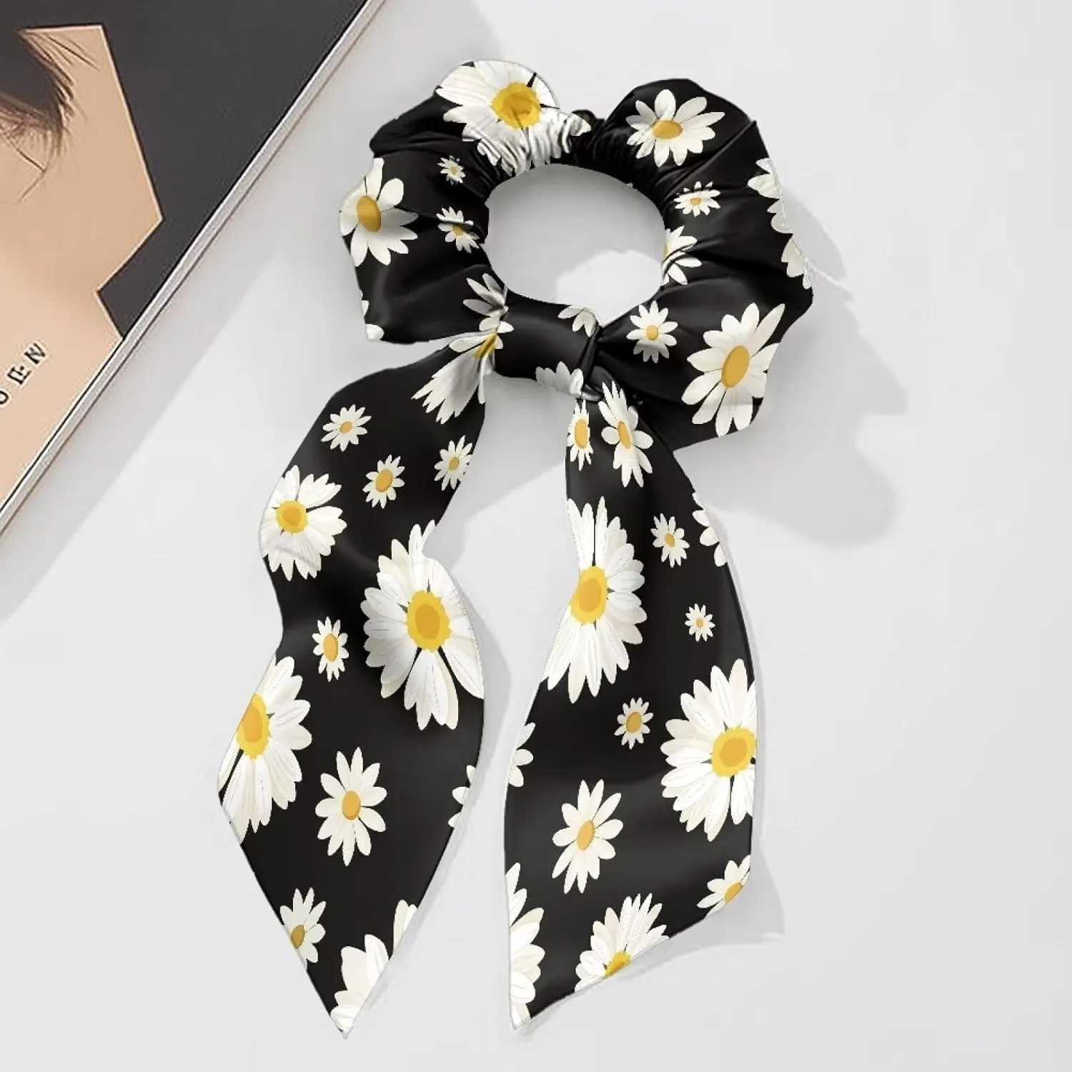 Daisy Hair Scrunchies for Women Satin Hair Tie with Bows Elastic Hair Ribbon Set of 2 Bow Hair Ties for Party Cosplay Diy Hair Scarf Casual Silk Hair Ties Hair Accessories