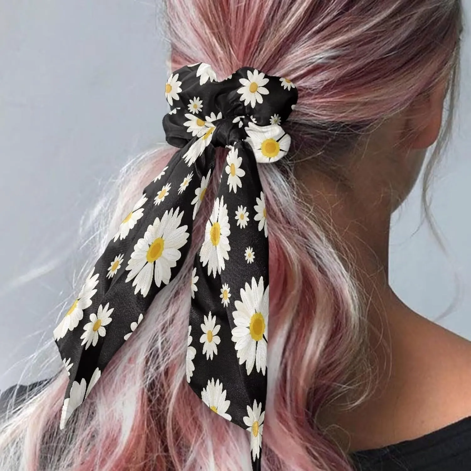 Daisy Hair Scrunchies for Women Satin Hair Tie with Bows Elastic Hair Ribbon Set of 2 Bow Hair Ties for Party Cosplay Diy Hair Scarf Casual Silk Hair Ties Hair Accessories