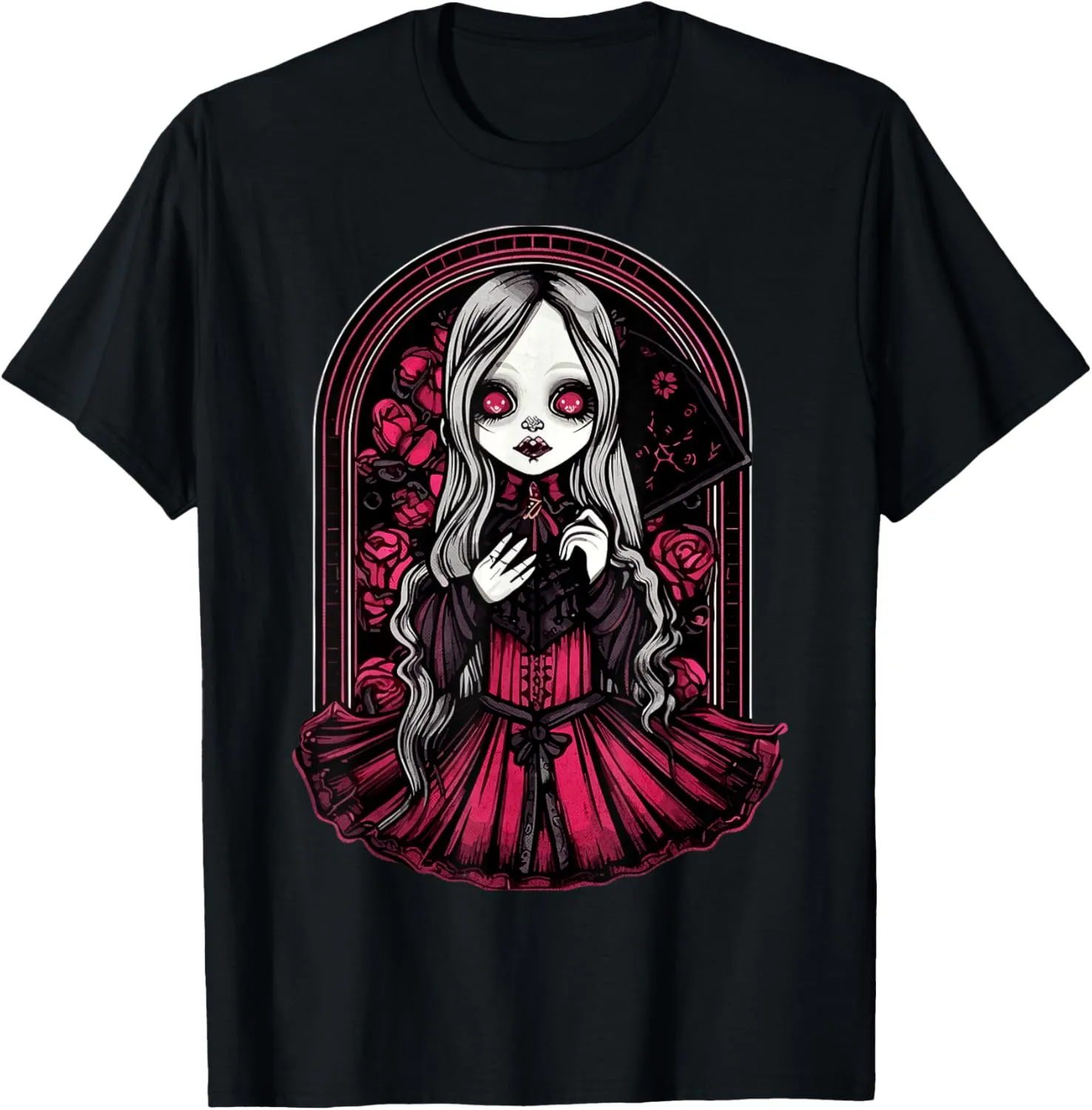 Dark Gothic Chibi Style Doll Surrounded by Roses T-Shirt