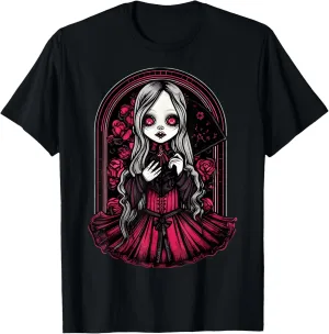 Dark Gothic Chibi Style Doll Surrounded by Roses T-Shirt