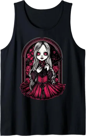 Dark Gothic Chibi Style Doll Surrounded by Roses Tank Top