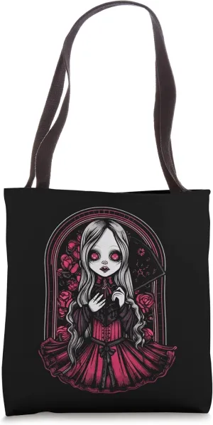 Dark Gothic Chibi Style Doll Surrounded by Roses Tote Bag