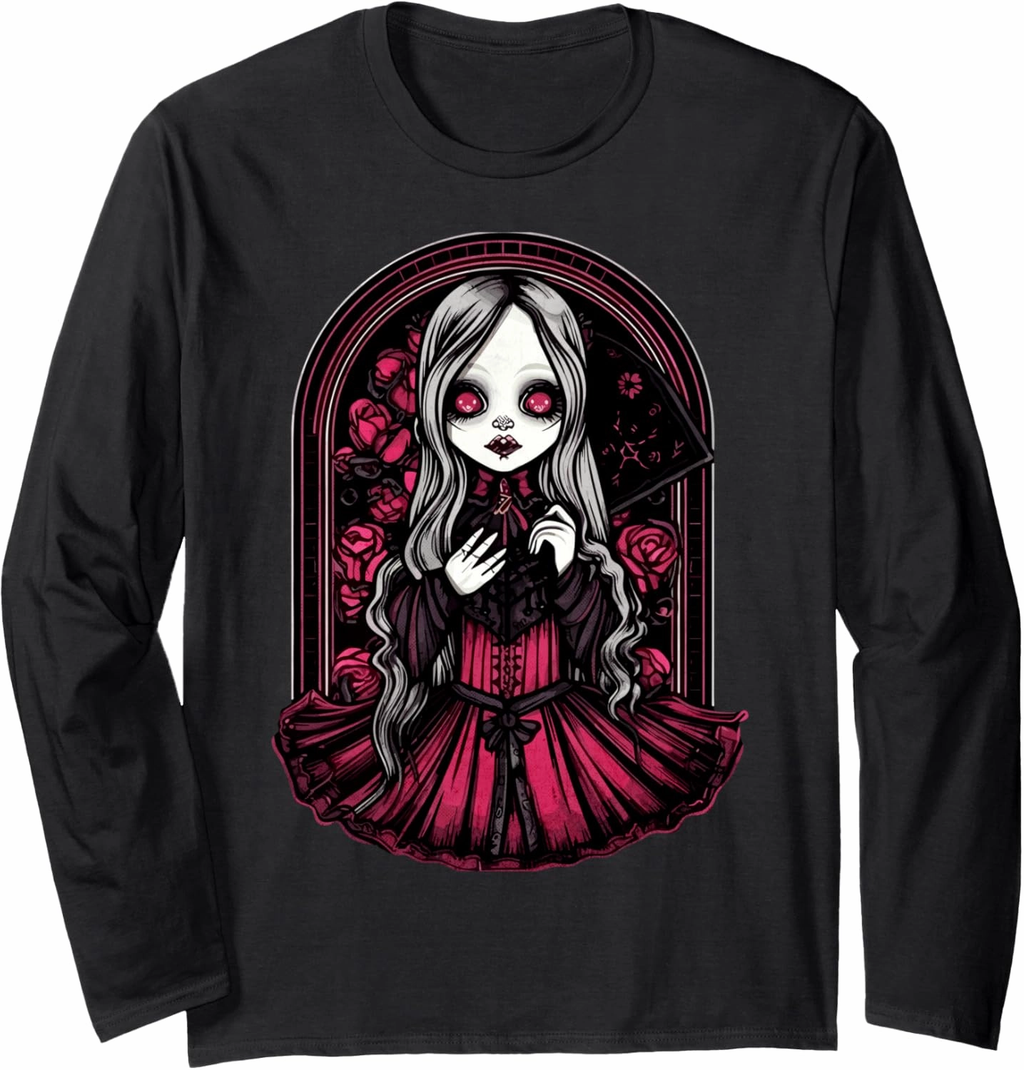 Dark Gothic Chibi Style Doll Surrounded by Roses Long Sleeve T-Shirt