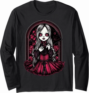 Dark Gothic Chibi Style Doll Surrounded by Roses Long Sleeve T-Shirt