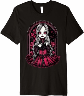Dark Gothic Chibi Style Doll Surrounded by Roses Premium T-Shirt