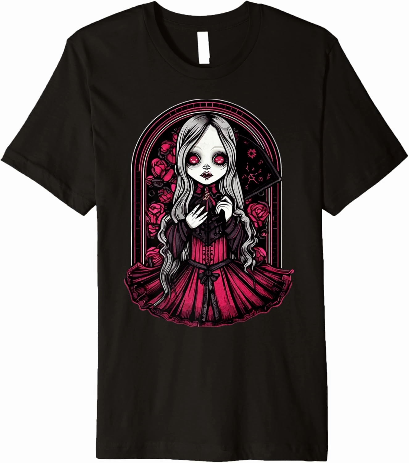 Dark Gothic Chibi Style Doll Surrounded by Roses Premium T-Shirt