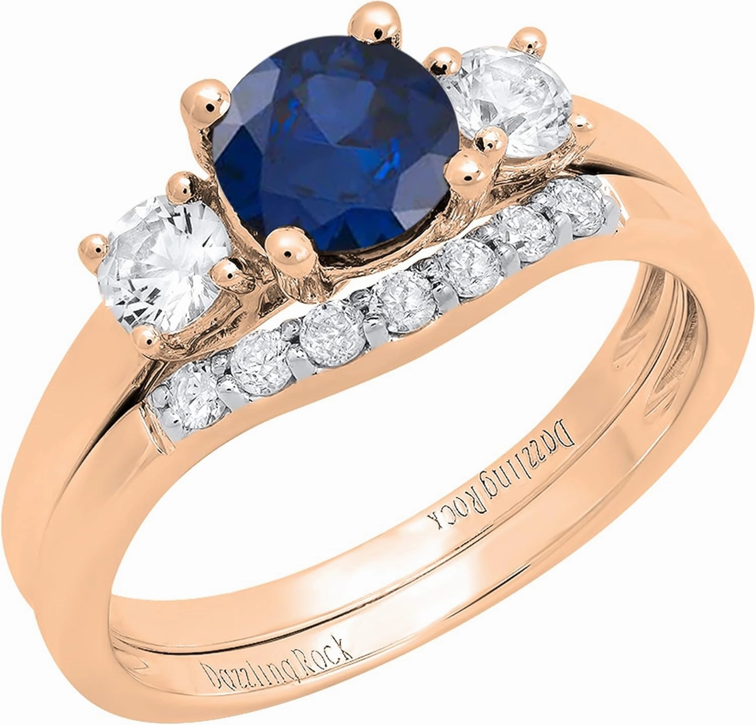 Dazzlingrock Collection 6mm Round Gemstone or Diamond with White Sapphire & White Diamond 3 Stone Engagement Ring Set for Women in Solid Gold