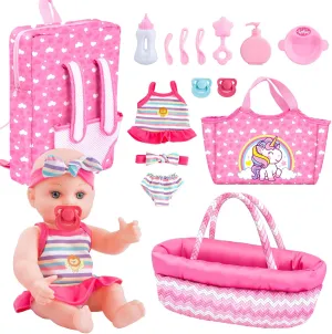 deAO Baby Doll Set 12” Baby Doll Playset with Portable Bassinet Bed,Backpack,Feeding Baby Doll Accessories for 3 4 5 6  Year Old Girls