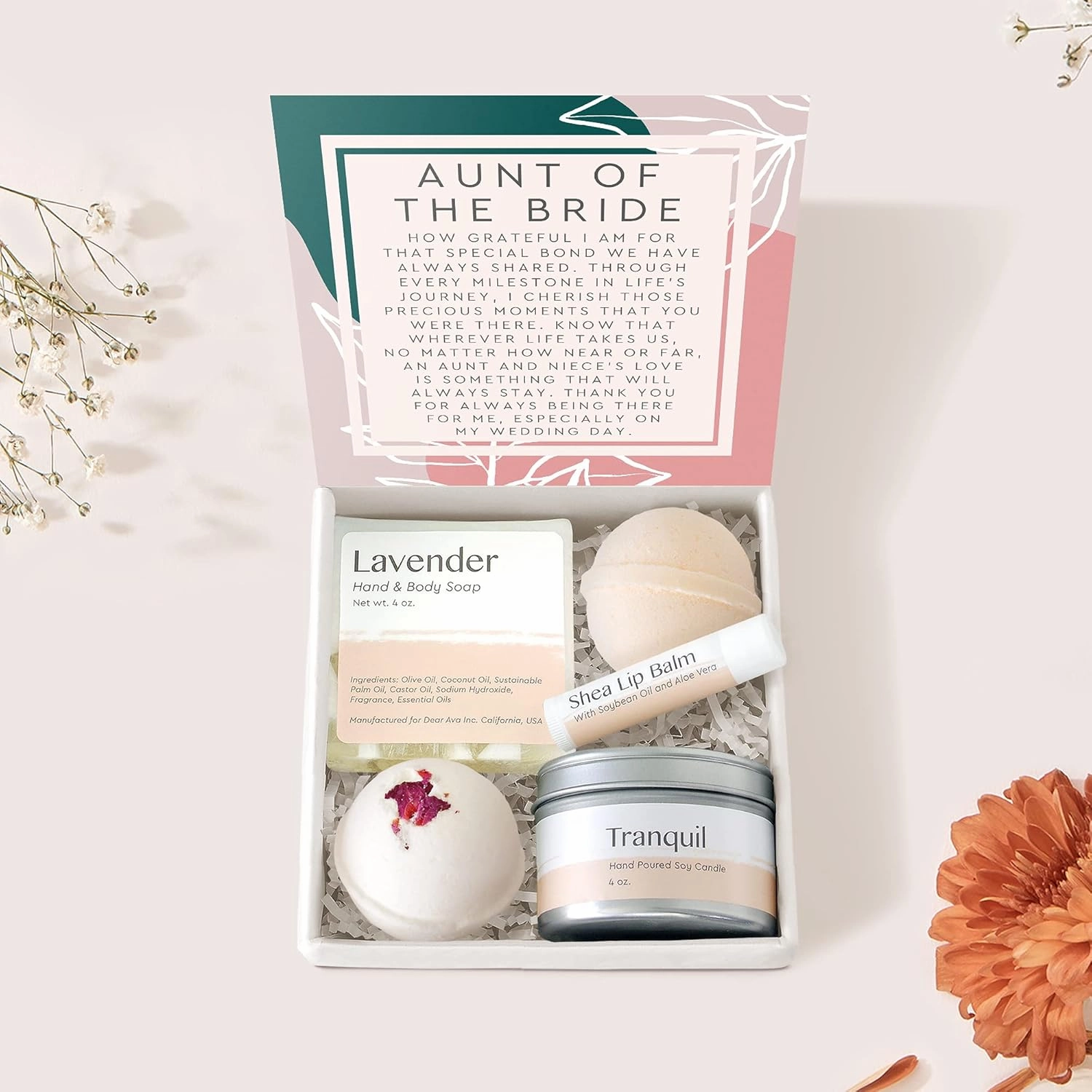 Dear Ava Spa Gifts for Women - Organic Self Care luxury Anti Stress Relaxing Bath and Body Kit Set Basket Box for Her with Heartfelt Card - Wedding Gift for Aunt of the Bride