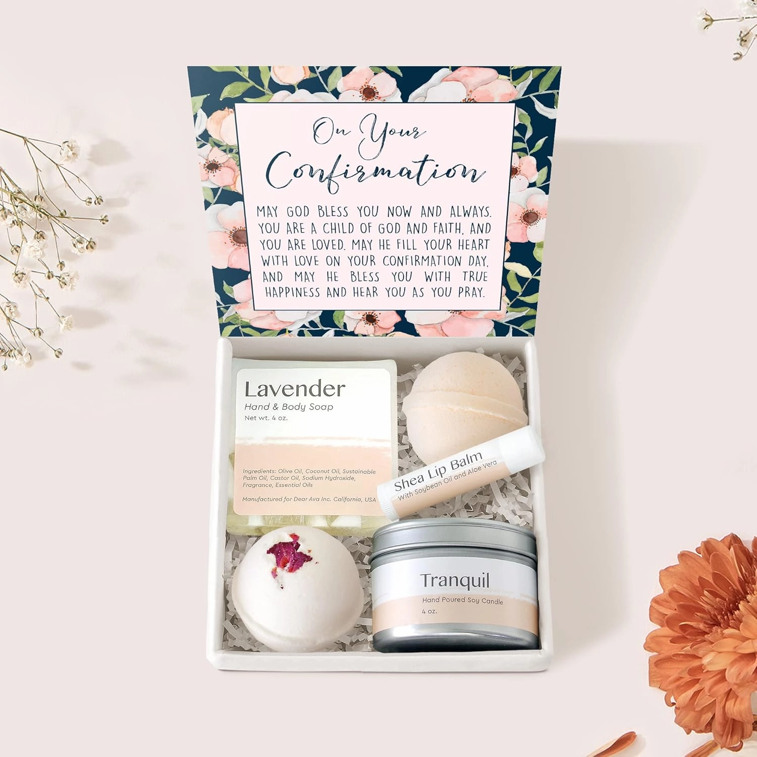 Dear Ava Spa Gifts for Women and Girls - Organic Self Care Luxury Gifting Idea Kit Set Basket - Anti Stress Relaxing Bath and Body Gift Box for Her with Heartfelt Card Confirmation Gift for Girls