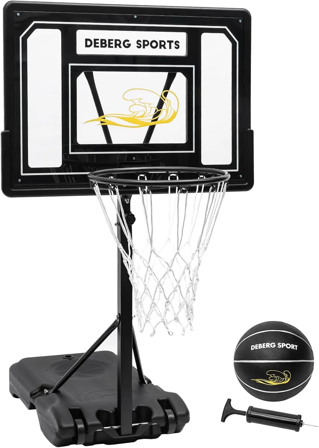 DEBERG Swimming Pool Basketball Hoop Set Height-Adjustable Portable Pool Basketball Hoop Poolside with Shatterproof Backboard and Stainless Steel Rim/Bracket, Includes a Ball and Air Pump