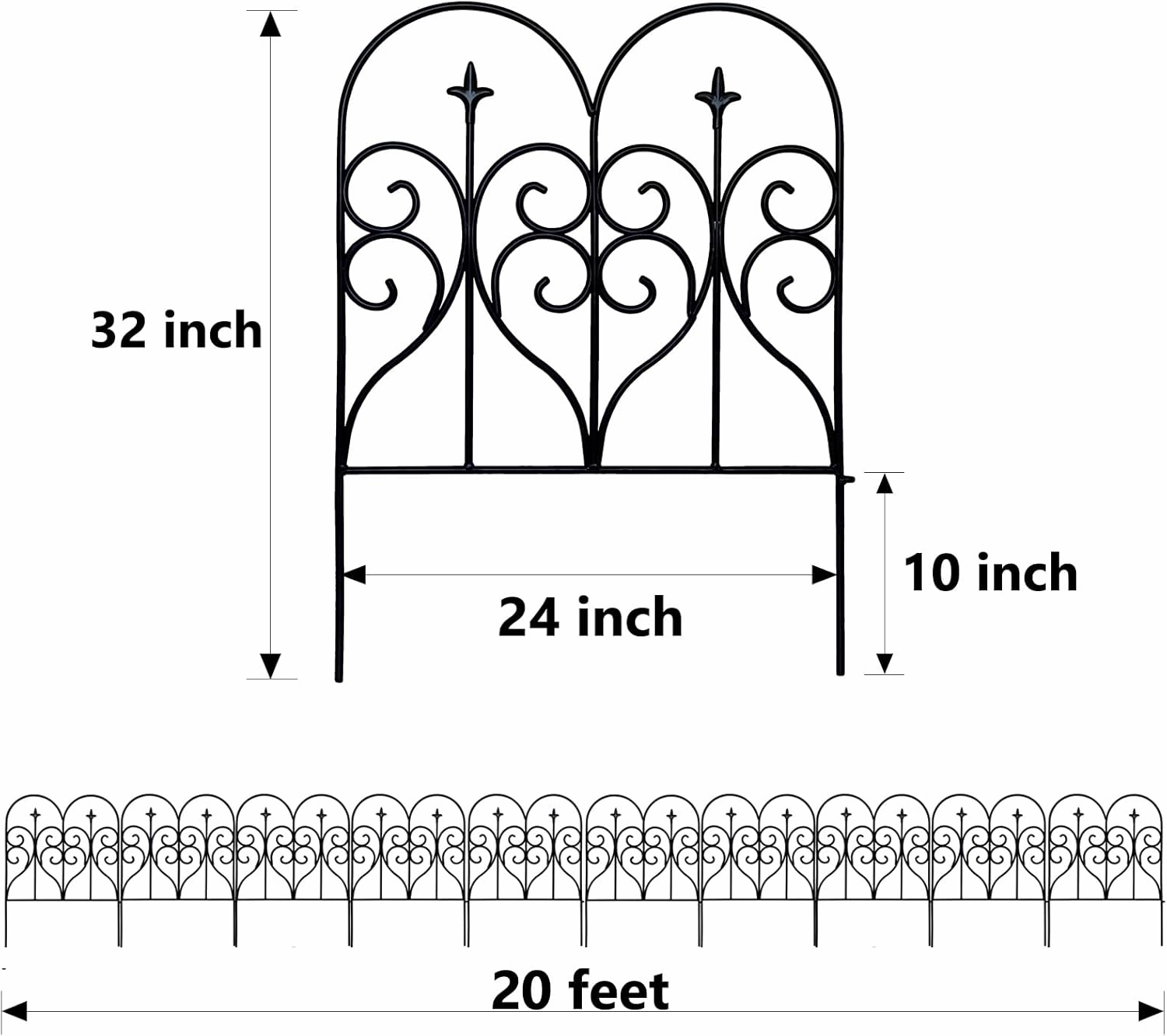 Decorative Garden Fence 32 in (H) x 20 ft (L) Outdoor Rustproof Metal Dog Pet Fence Animal Barrier, Garden Fencing Panel Border for Yard Patio Flower Bed