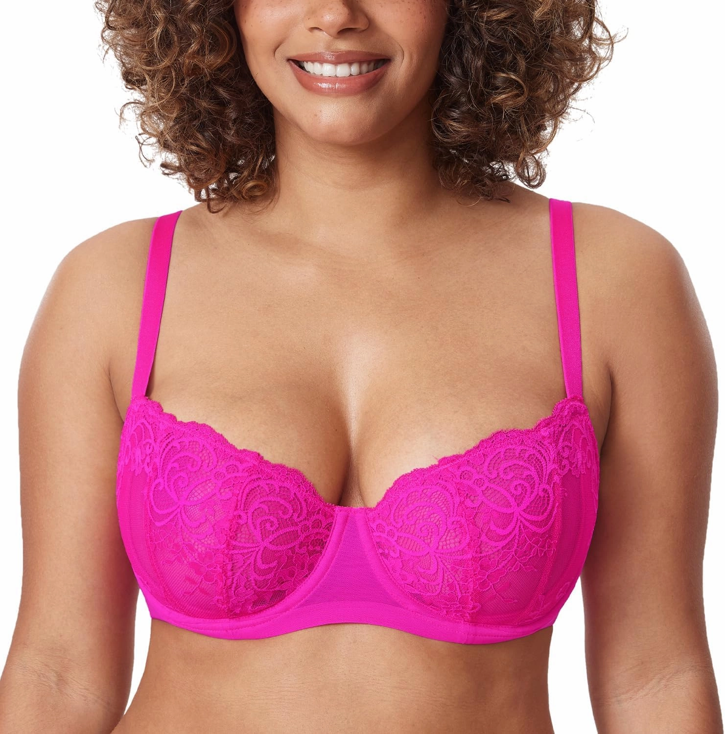 DELIMIRA Women's Balconette Lace Bra Plus Size Sexy See Through Unlined Underwire Bras