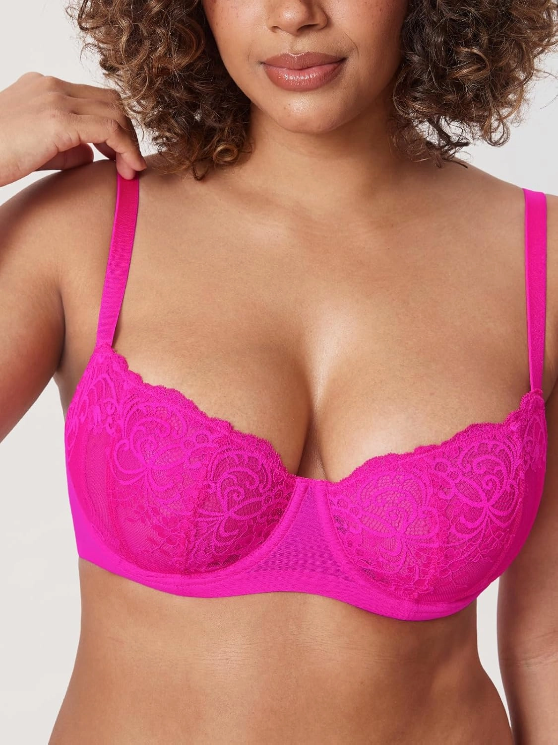DELIMIRA Women's Balconette Lace Bra Plus Size Sexy See Through Unlined Underwire Bras