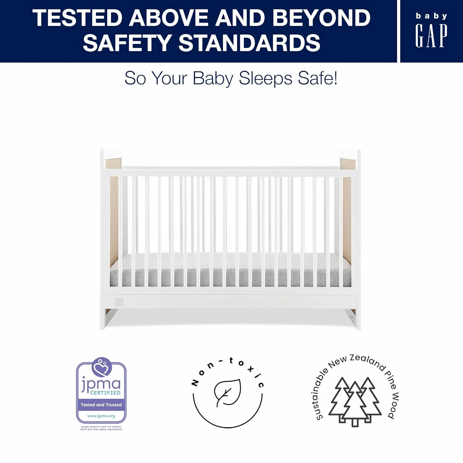 Delta Children babyGap Liam 4-in-1 Convertible Crib Greenguard Gold Certified - Converts to Toddler Bed, Daybed, Sofa - 3 Adjustable Heights - Easy to Assemble Wooden Crib, Bianca White/Natural