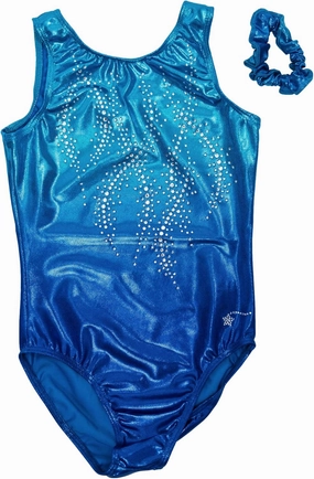 Destira Figure Eight Gymnastics Leotard, Blue With White Rhinestone Crystals, Soft Comfortable Hologram Fabric, Adult Small