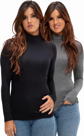 DEVOPS Womens 2 Pack Long Sleeve Mock Turtleneck Stretch Fitted Thermal Underlayer Shirts