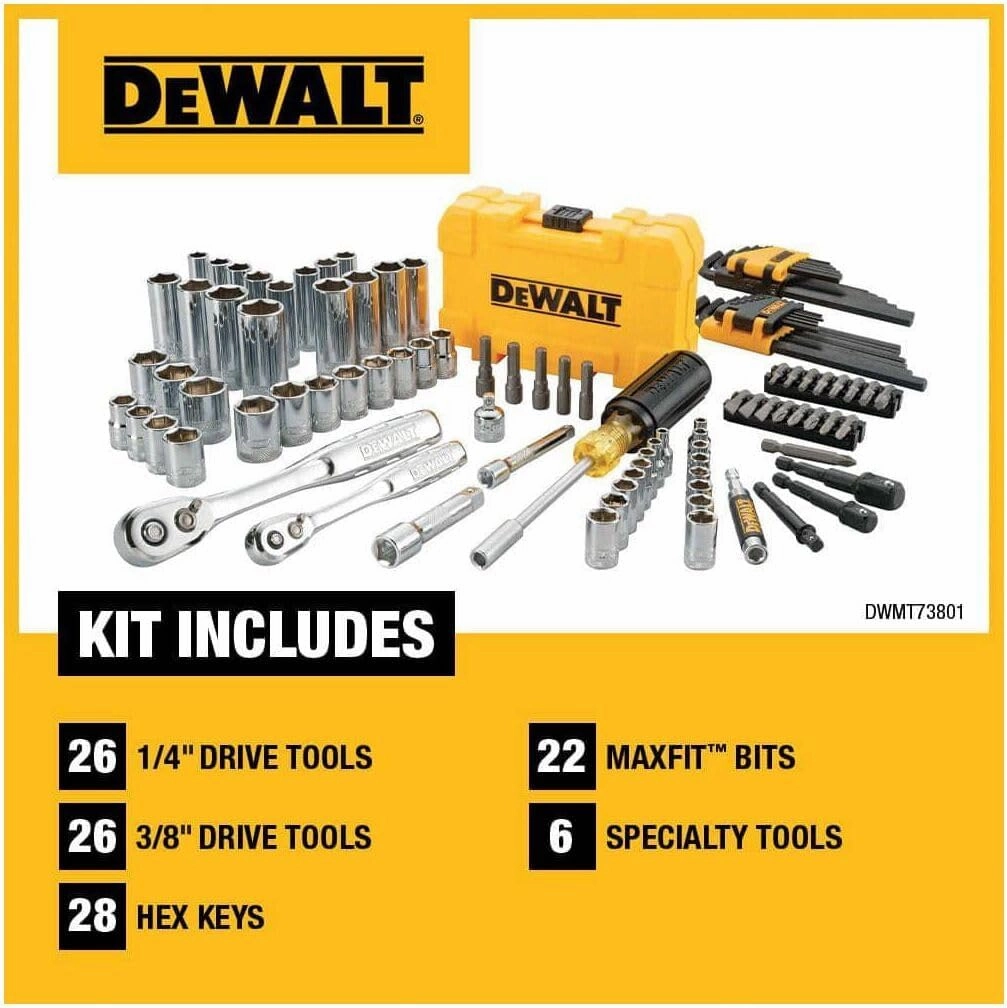 DEWALT Mechanics Tools Kit and Socket Set, 1/4" & 3/8" Drive, SAE, 108-Piece (DWMT73801)