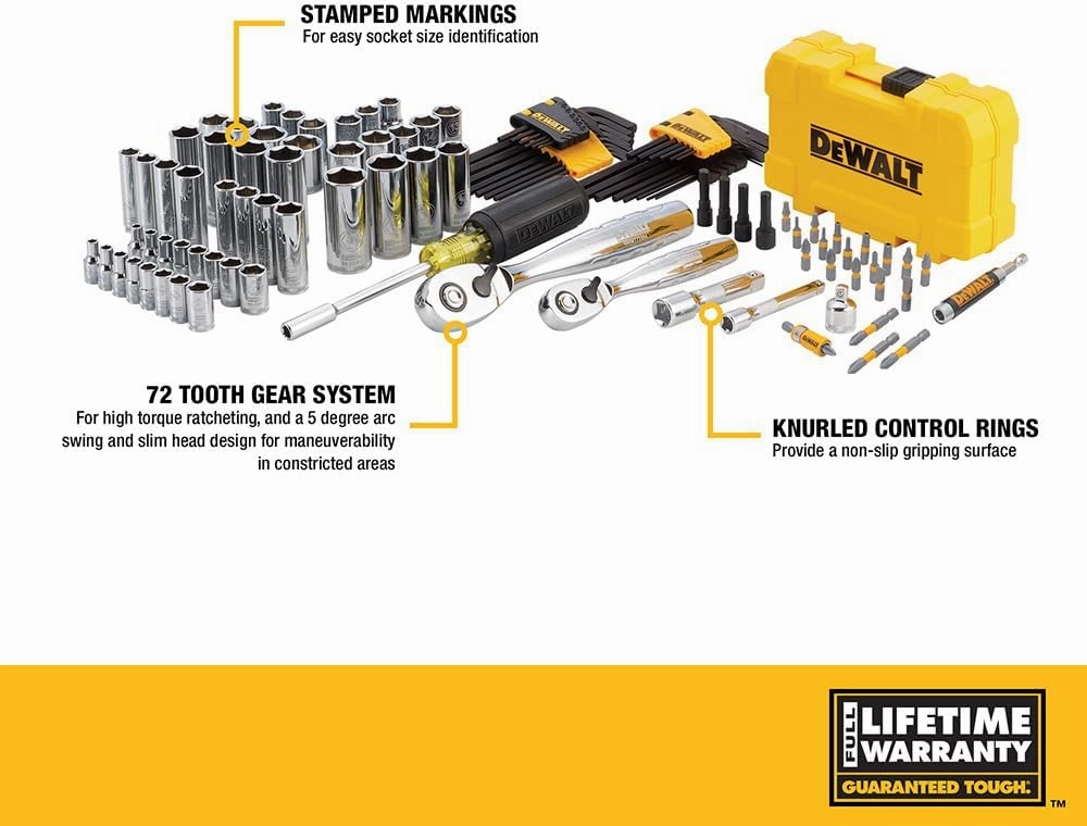 DEWALT Mechanics Tools Kit and Socket Set, 1/4" & 3/8" Drive, SAE, 108-Piece (DWMT73801)
