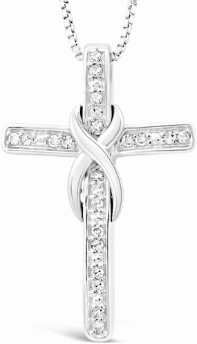 Diamond Cross Necklace in Sterling Silver, 14kt Yellow or Rose Gold Plate, or 2-Tone Silver and 14k Gold Plate - 18 Inch Box Chain