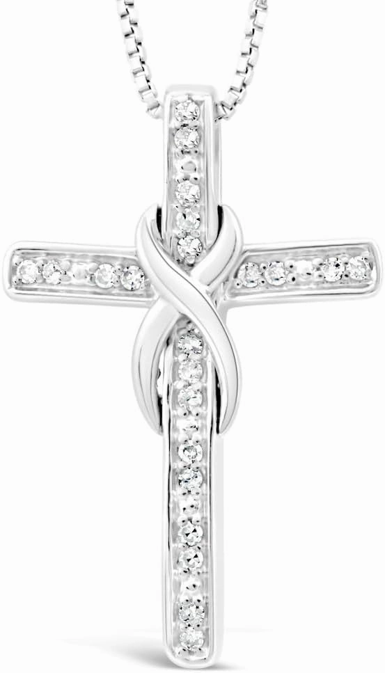 Diamond Cross Necklace in Sterling Silver, 14kt Yellow or Rose Gold Plate, or 2-Tone Silver and 14k Gold Plate - 18 Inch Box Chain