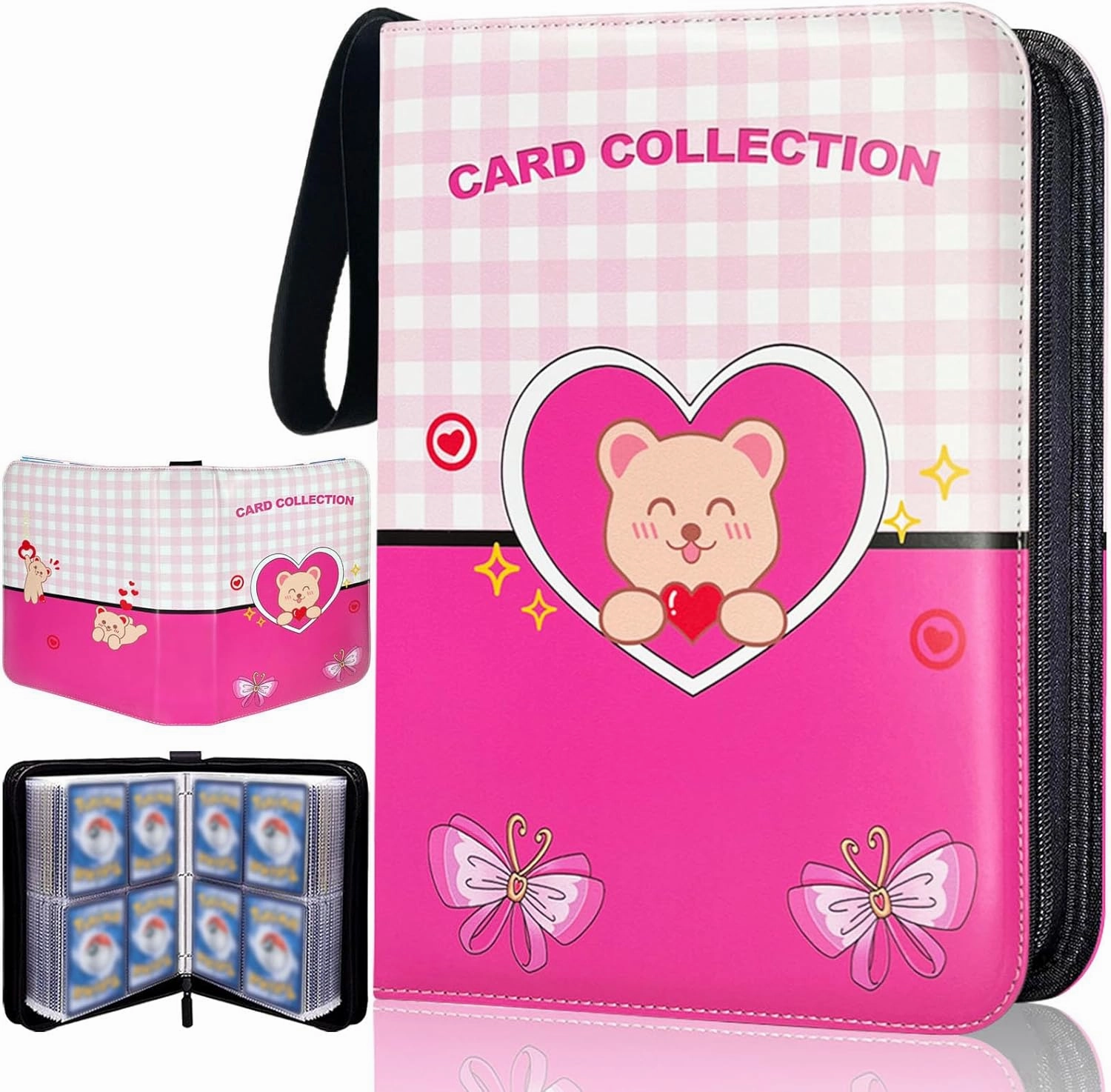 Dmoicols Cute Card Binder 4-Pocket, 520 Pockets Card Holder with 65 Removable Sleeves, Trading Cards Collector Zipper Album Holder for girls, Pink