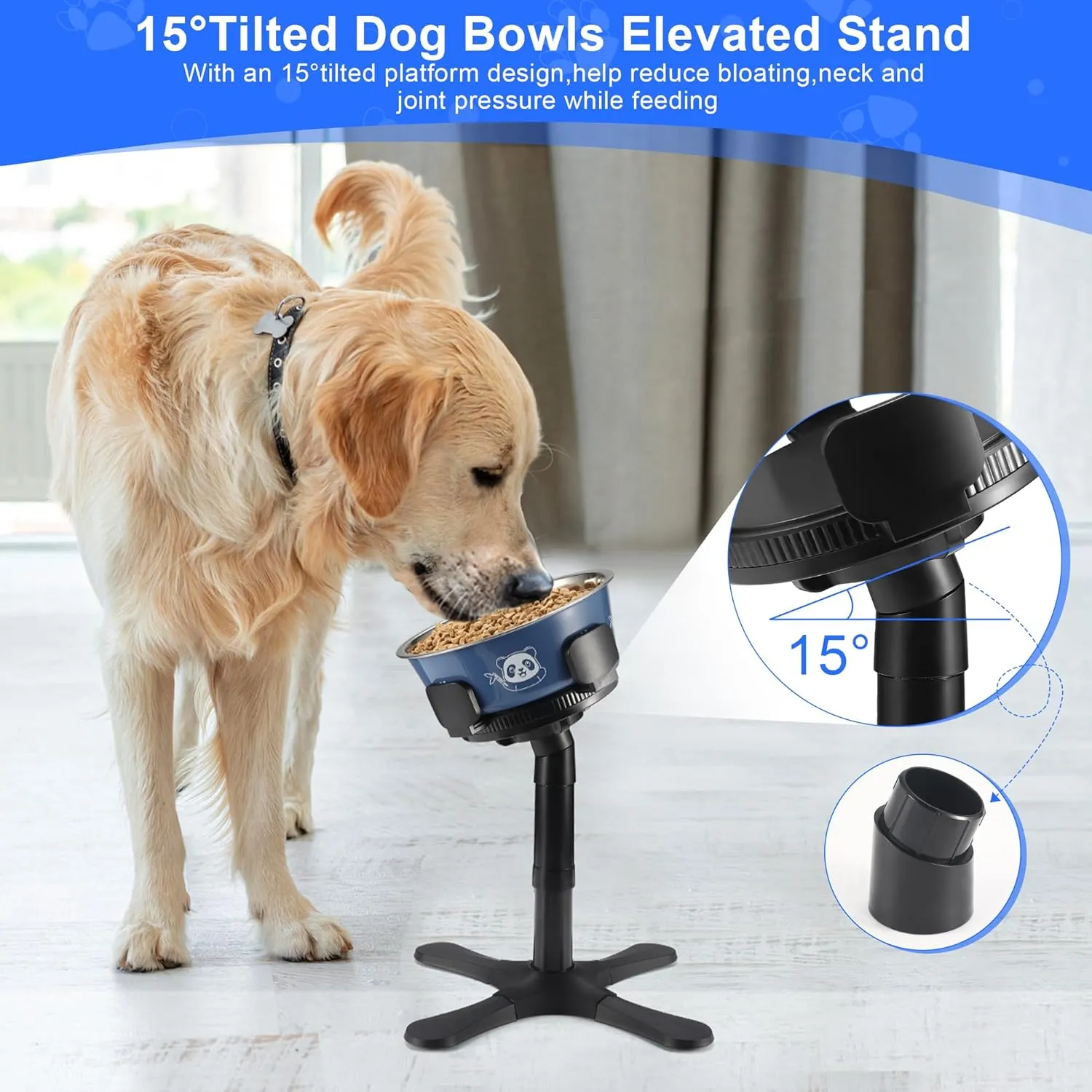 Dog Bowls Elevated Adjustable Stand, Raised Bowl with 3 Heights & Tilted Feeding Stand, Compatible with Various Bowls, for Medium & Large Breeds(2 Pack)