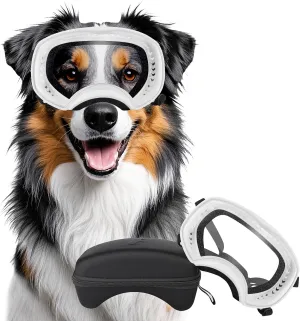 Dog Sunglasses UV Protection Clear Dog Goggles Windproof Glasses with Elastic Straps for Medium-Large Breed, White Frame   Clear Lens