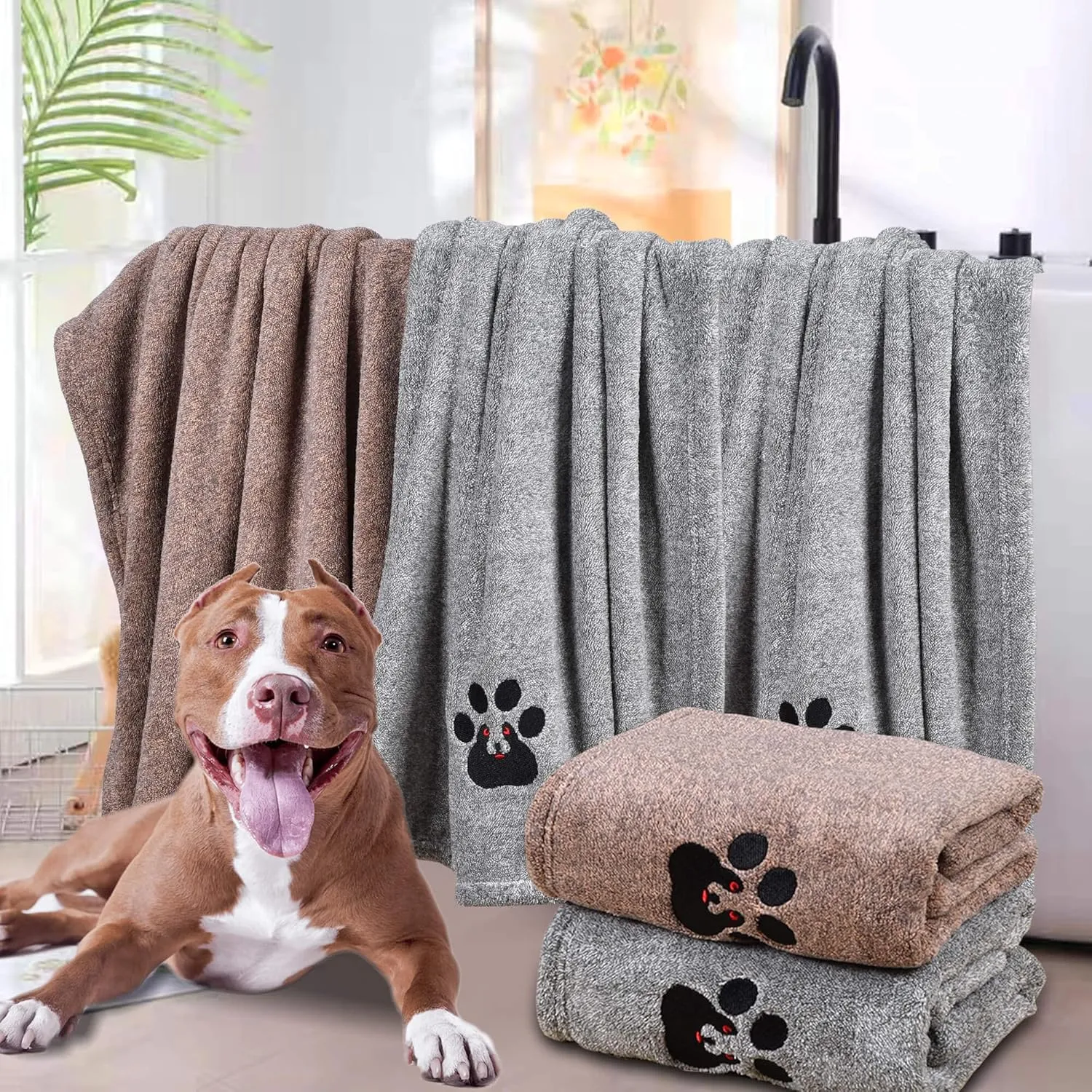 Dog Towels for Drying Dogs - Pack of 2 - Super Absorbent Soft Microfiber Pet Bath Grooming Towel for Dogs Cats and Other Pets (M-36" * 28", Grey and Brown)
