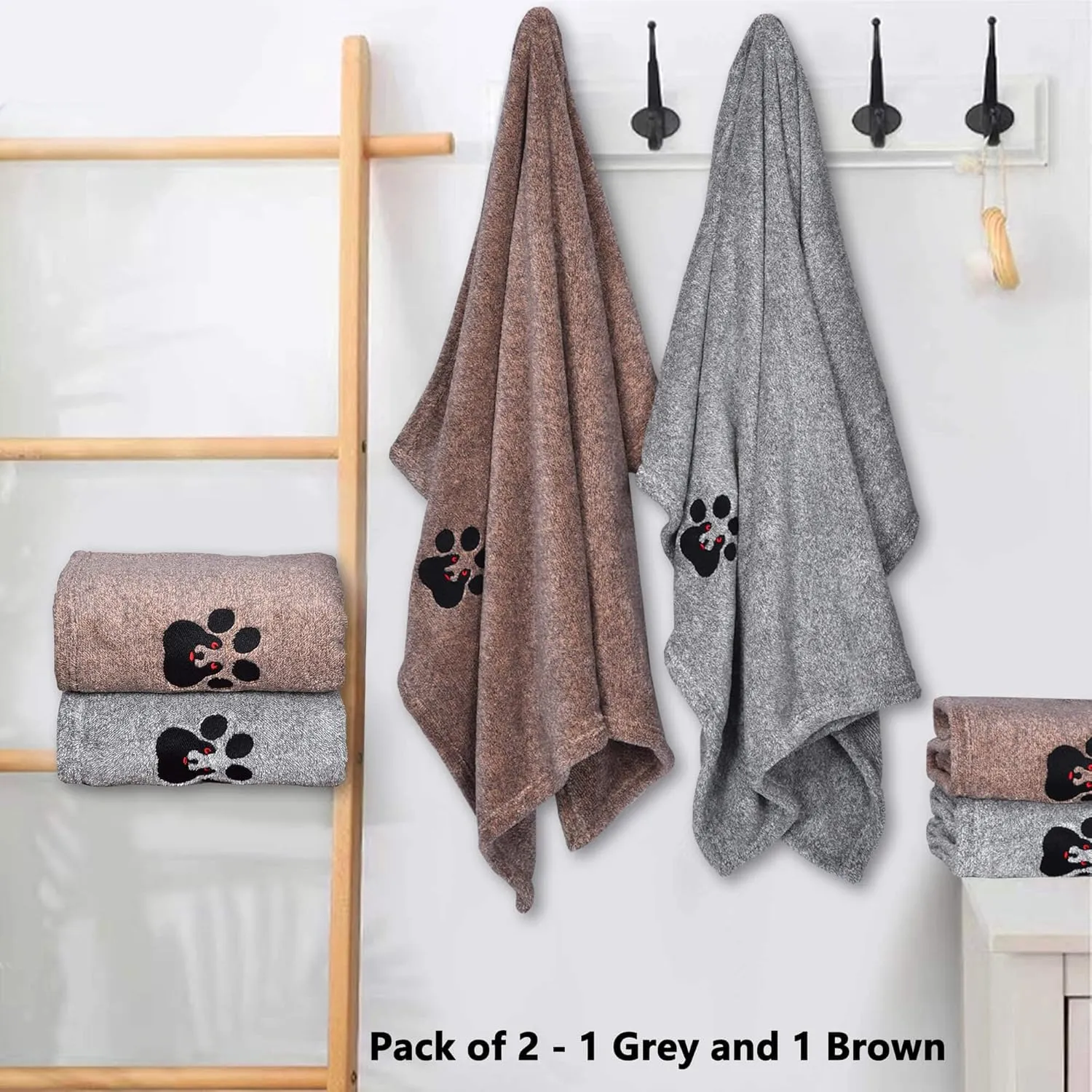Dog Towels for Drying Dogs - Pack of 2 - Super Absorbent Soft Microfiber Pet Bath Grooming Towel for Dogs Cats and Other Pets (M-36" * 28", Grey and Brown)