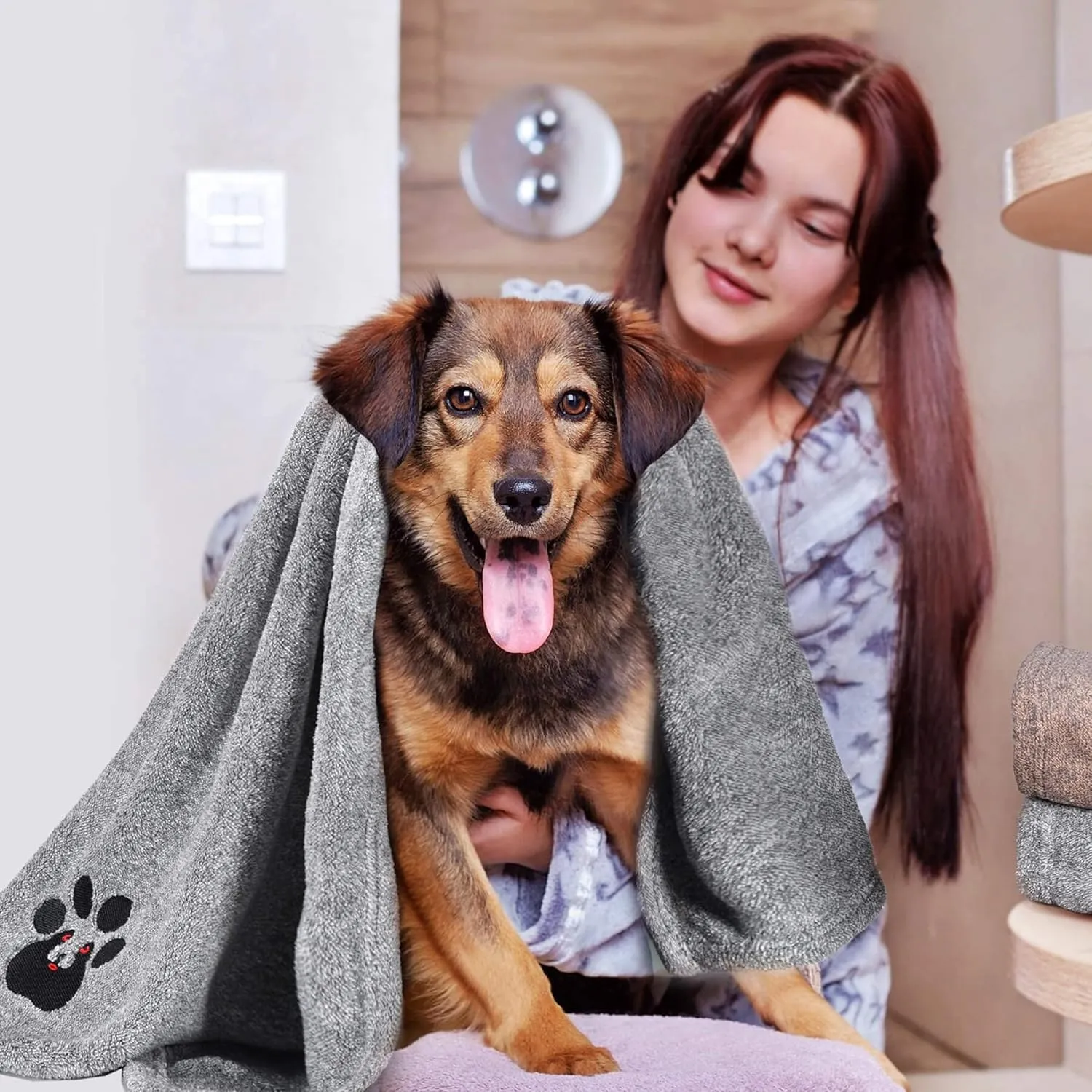 Dog Towels for Drying Dogs - Pack of 2 - Super Absorbent Soft Microfiber Pet Bath Grooming Towel for Dogs Cats and Other Pets (M-36" * 28", Grey and Brown)