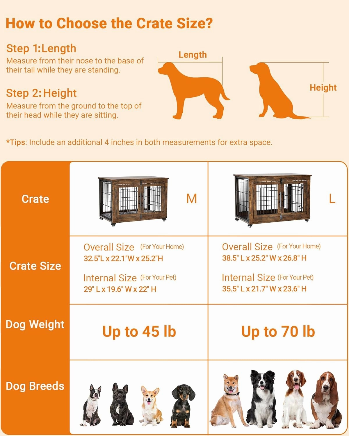 Dog Crate Furniture with Cushion, Wooden Dog Kennel Indoor with Double Doors, Dog Cage with Wheels, Dog House Side End Table for Small Medium Dogs up to 45 lb, 32.5” L, Rustic Brown