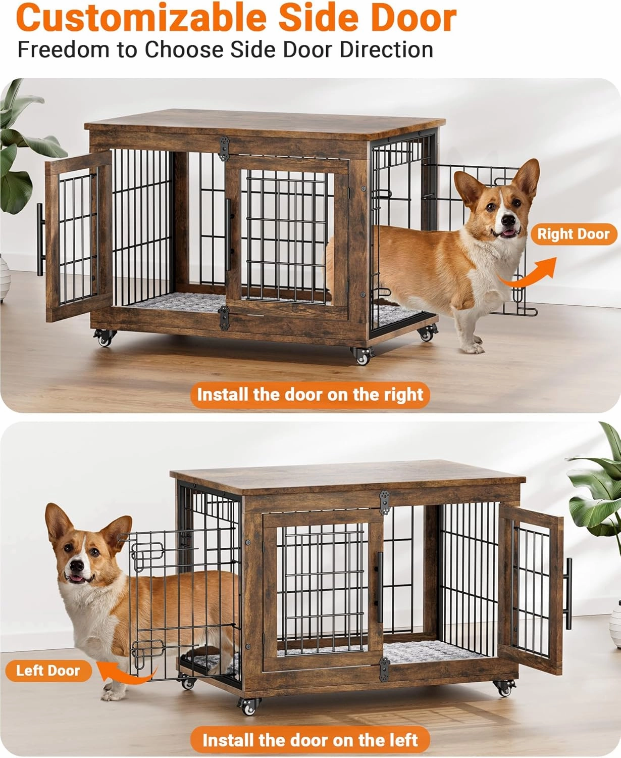 Dog Crate Furniture with Cushion, Wooden Dog Kennel Indoor with Double Doors, Dog Cage with Wheels, Dog House Side End Table for Small Medium Dogs up to 45 lb, 32.5” L, Rustic Brown