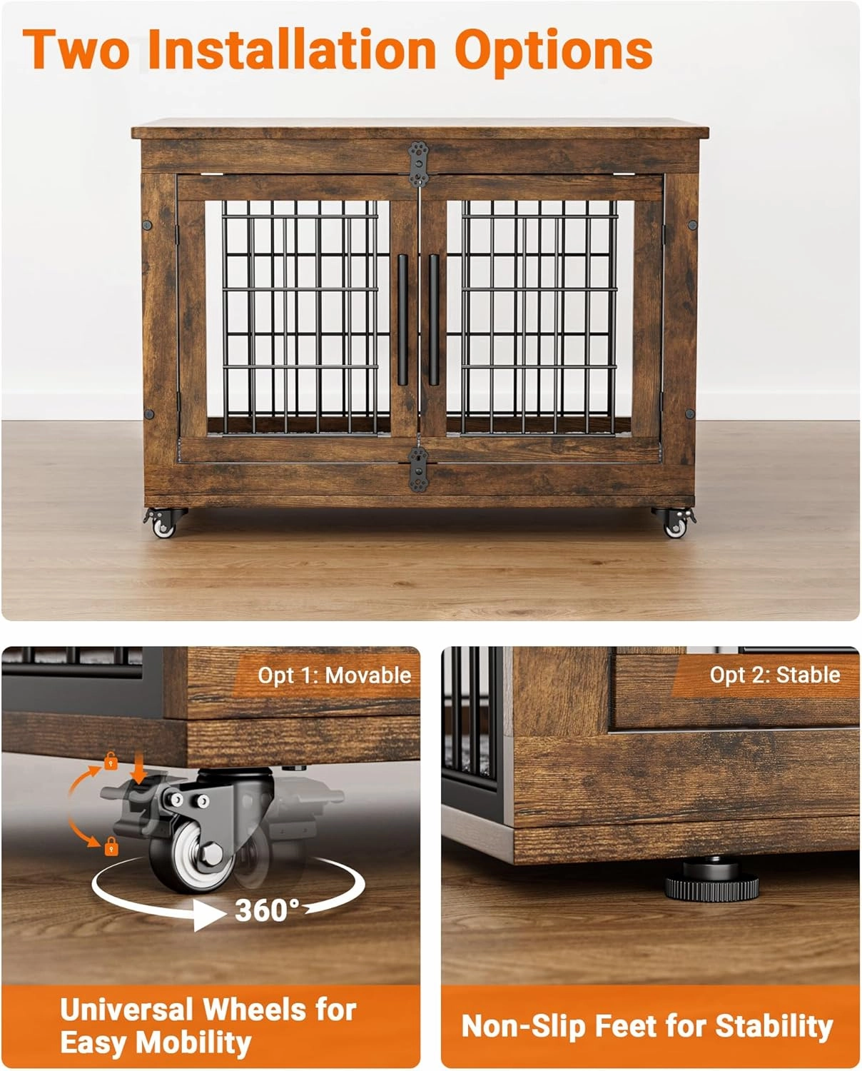 Dog Crate Furniture with Cushion, Wooden Dog Kennel Indoor with Double Doors, Dog Cage with Wheels, Dog House Side End Table for Small Medium Dogs up to 45 lb, 32.5” L, Rustic Brown