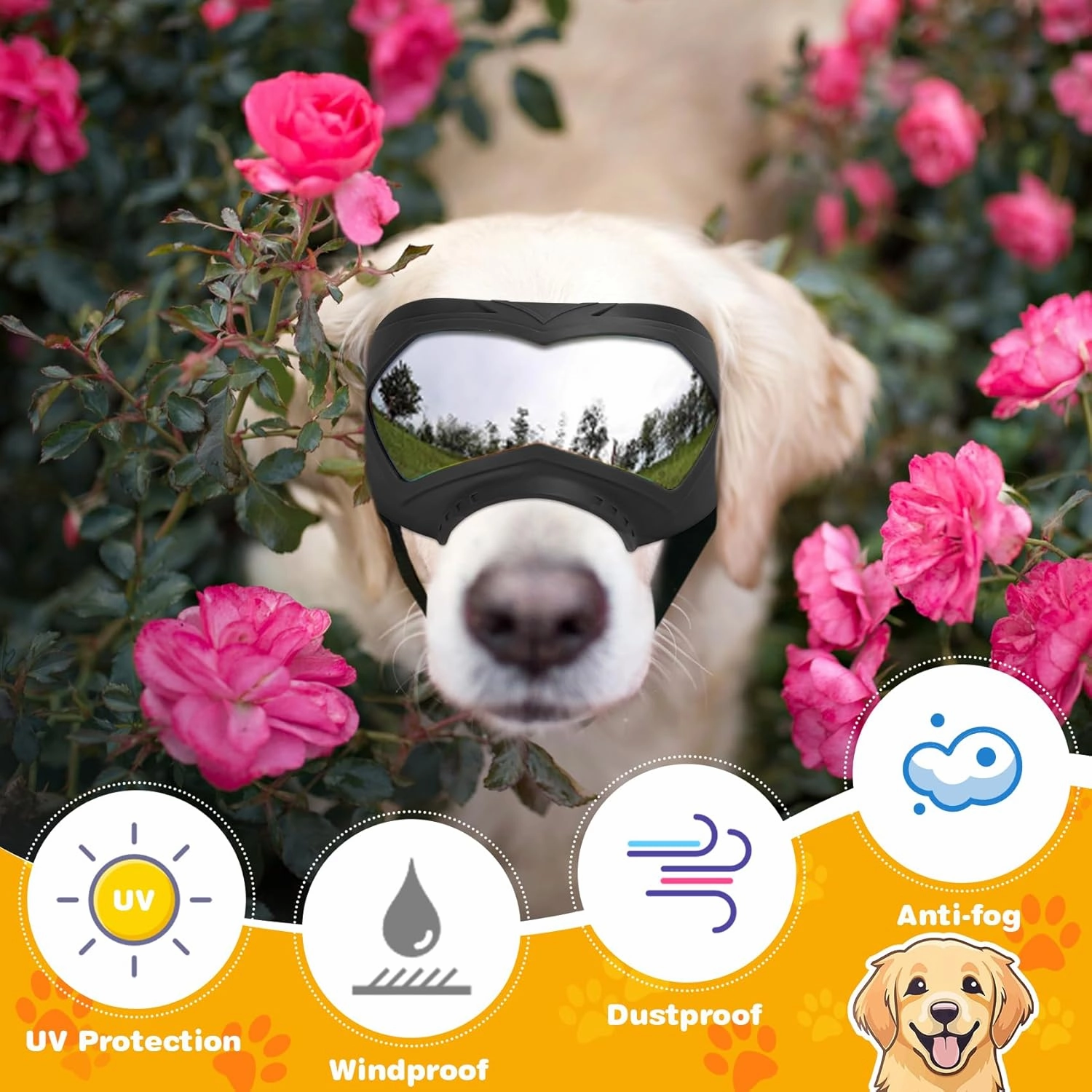 Dog Goggles, UV Protection, Windproof, Dustproof, Anti-Fog Dog Sunglasses for Large & Medium Dogs, Lightweight TPE Frame with Adjustable Strap, Stylish Outdoor Protection (Black)