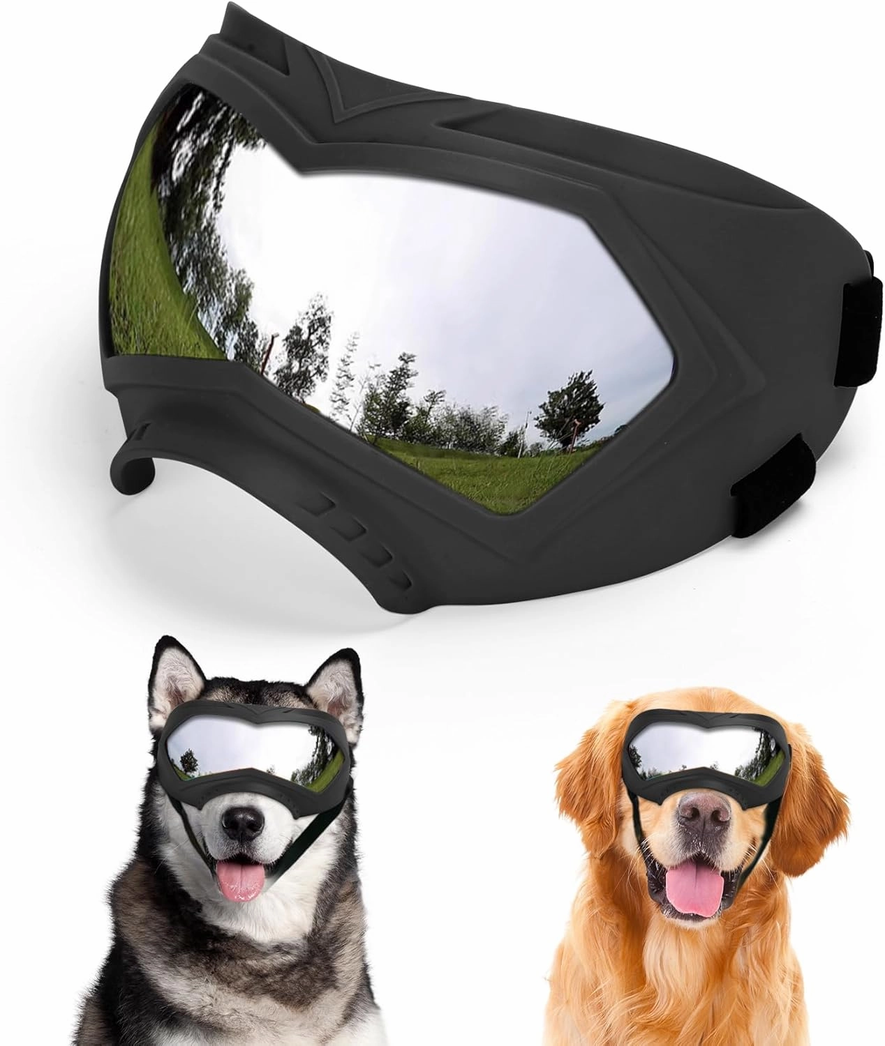 Dog Goggles, UV Protection, Windproof, Dustproof, Anti-Fog Dog Sunglasses for Large & Medium Dogs, Lightweight TPE Frame with Adjustable Strap, Stylish Outdoor Protection (Black)