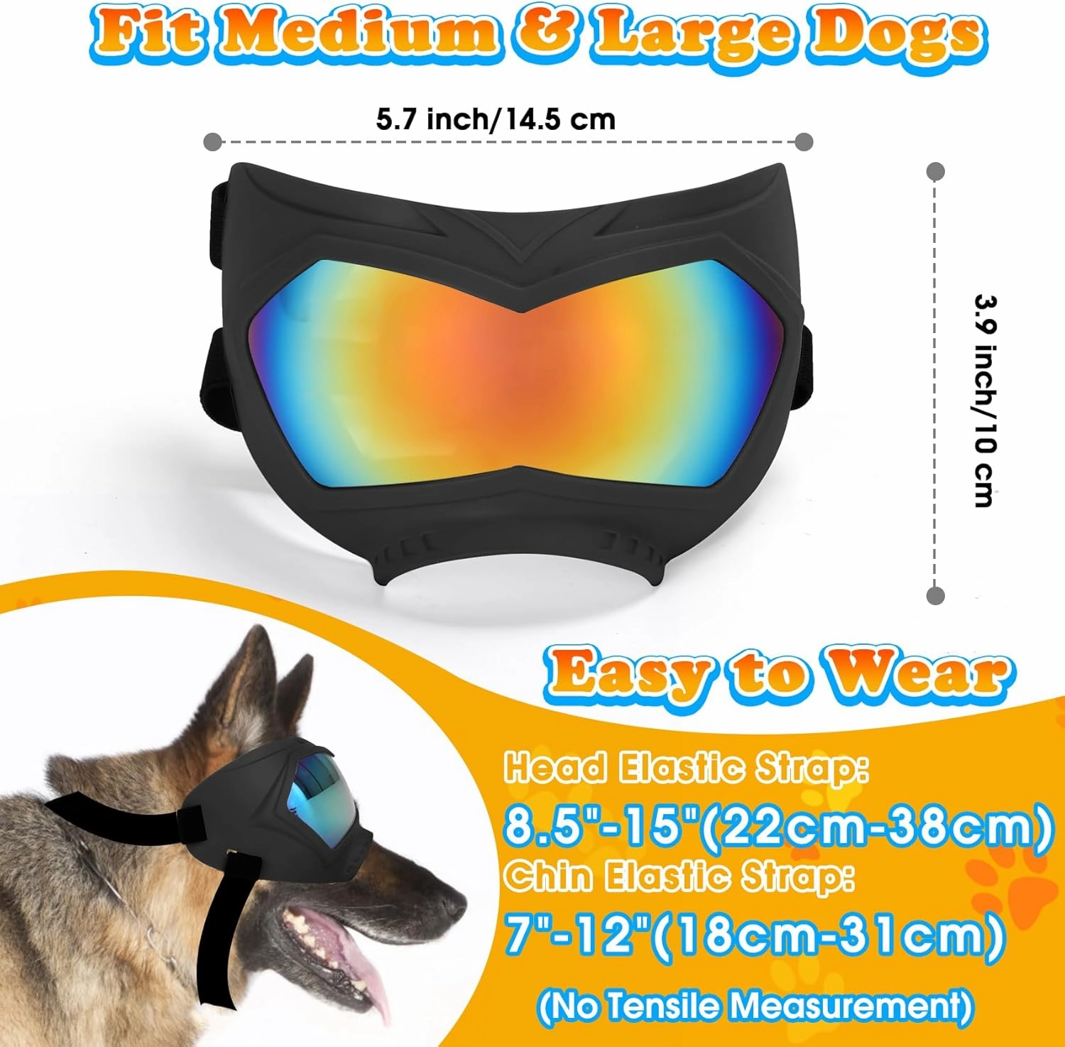 Dog Goggles, UV Protection, Windproof, Dustproof, Anti-Fog Dog Sunglasses for Large & Medium Dogs, Lightweight TPE Frame with Adjustable Strap, Stylish Outdoor Protection (Black Frame Color Lens)