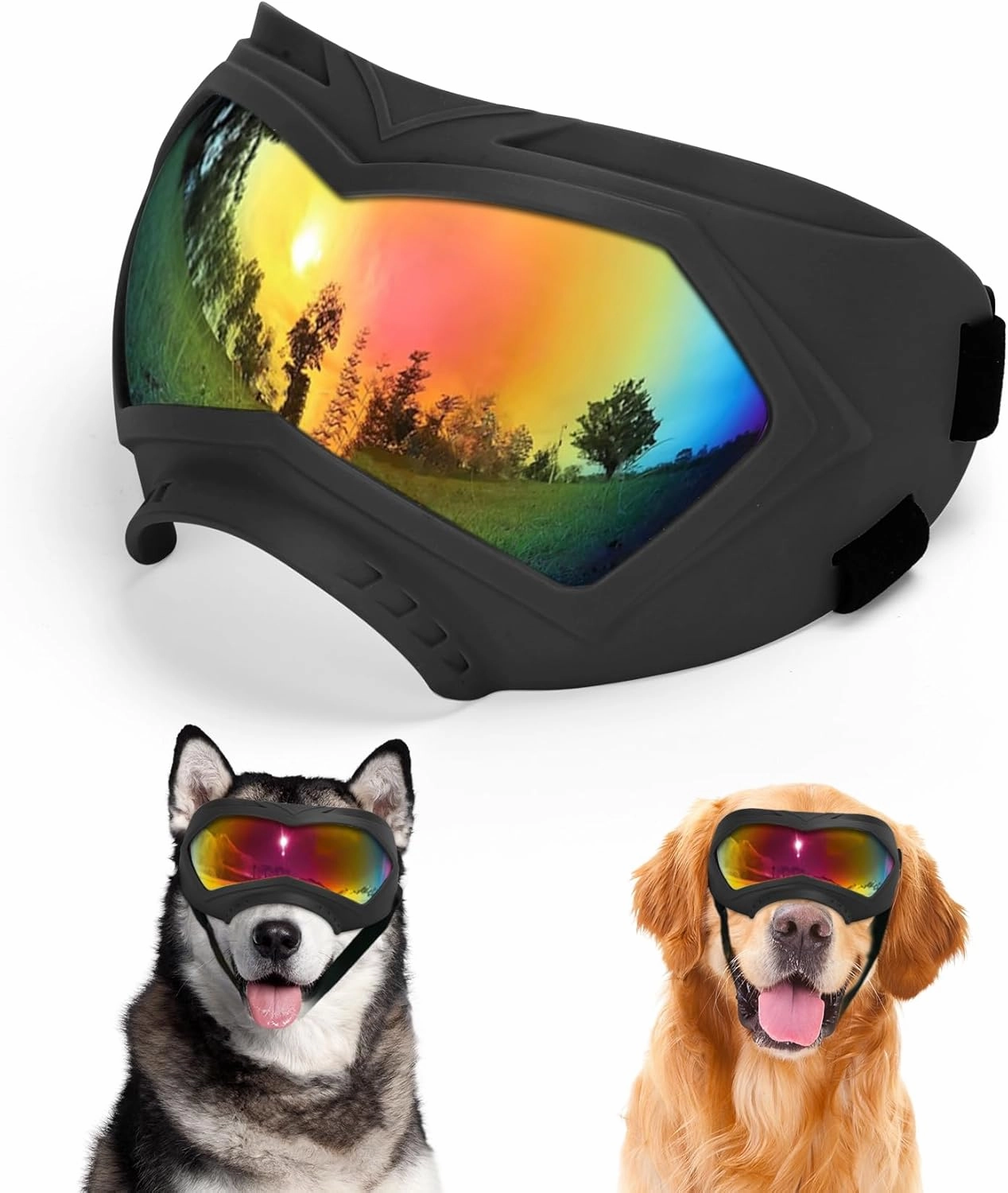 Dog Goggles, UV Protection, Windproof, Dustproof, Anti-Fog Dog Sunglasses for Large & Medium Dogs, Lightweight TPE Frame with Adjustable Strap, Stylish Outdoor Protection (Black Frame Color Lens)