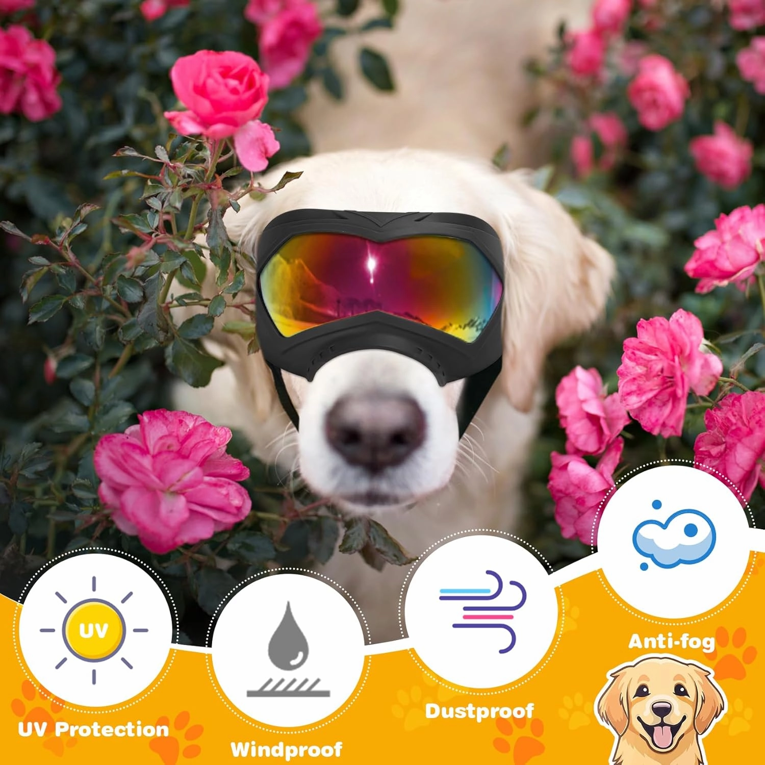 Dog Goggles, UV Protection, Windproof, Dustproof, Anti-Fog Dog Sunglasses for Large & Medium Dogs, Lightweight TPE Frame with Adjustable Strap, Stylish Outdoor Protection (Black Frame Color Lens)