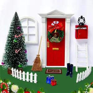 Dollhouse Furniture - 19pcs Miniature Fairy Door with Christmas Tree and Christmas Accesories, Christmas Decorations Wooden Fairy Door Craft Gift for Kids