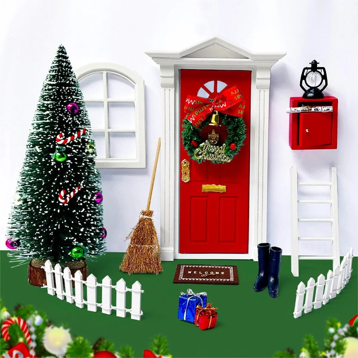 Dollhouse Furniture - 19pcs Miniature Fairy Door with Christmas Tree and Christmas Accesories, Christmas Decorations Wooden Fairy Door Craft Gift for Kids