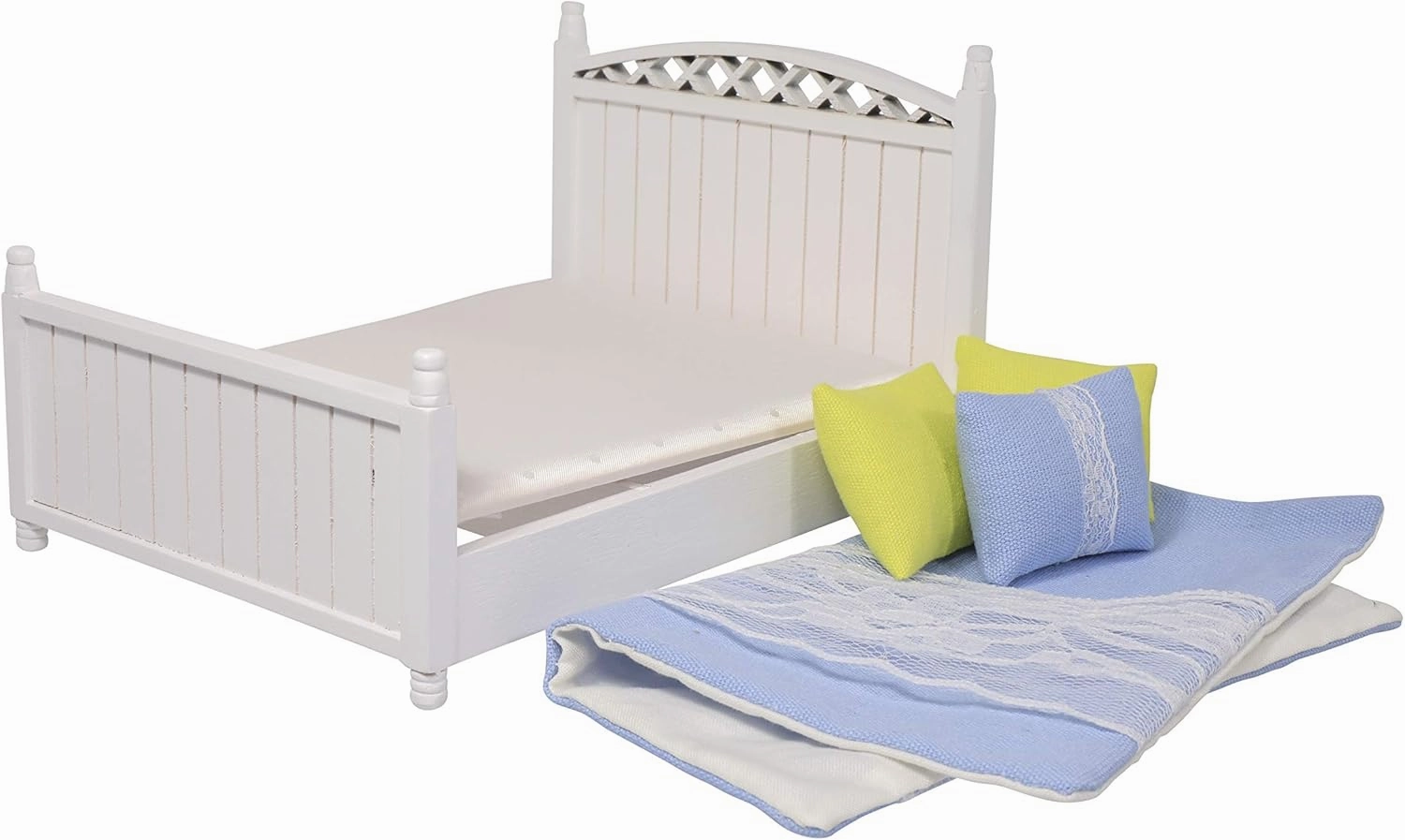 Dollhouse Furniture Queen Bed Set, Mini Bedroom Accessories for 6 inch Dolls, Blue Bedding, White Wooden Frame, 1/12 Scale