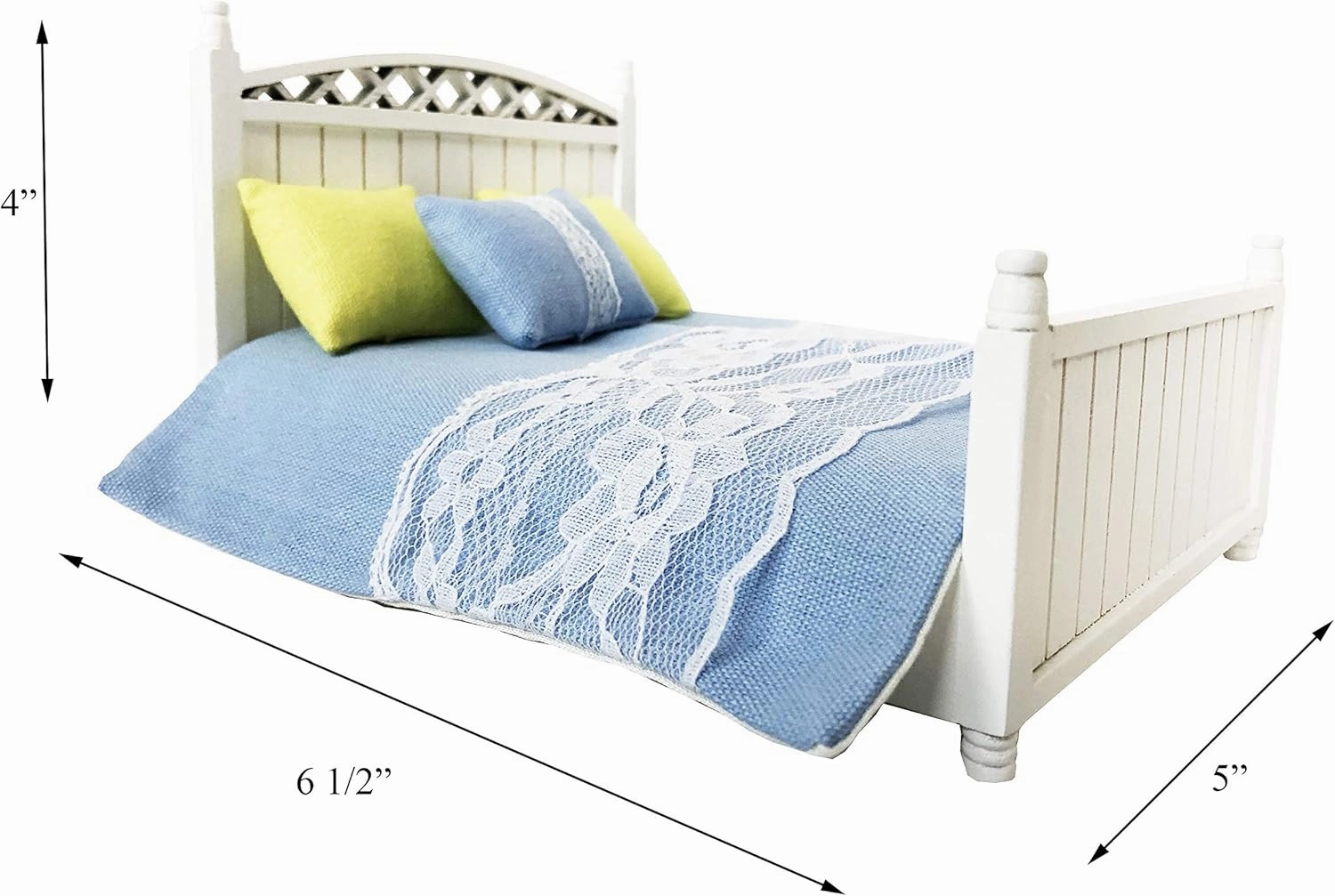 Dollhouse Furniture Queen Bed Set, Mini Bedroom Accessories for 6 inch Dolls, Blue Bedding, White Wooden Frame, 1/12 Scale